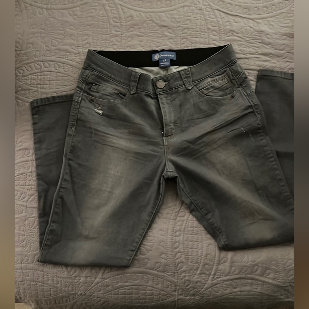 DEMOCRACY AB Solution Jeans Size 12 Stretch Denim Gray Wash Distressed Skinny